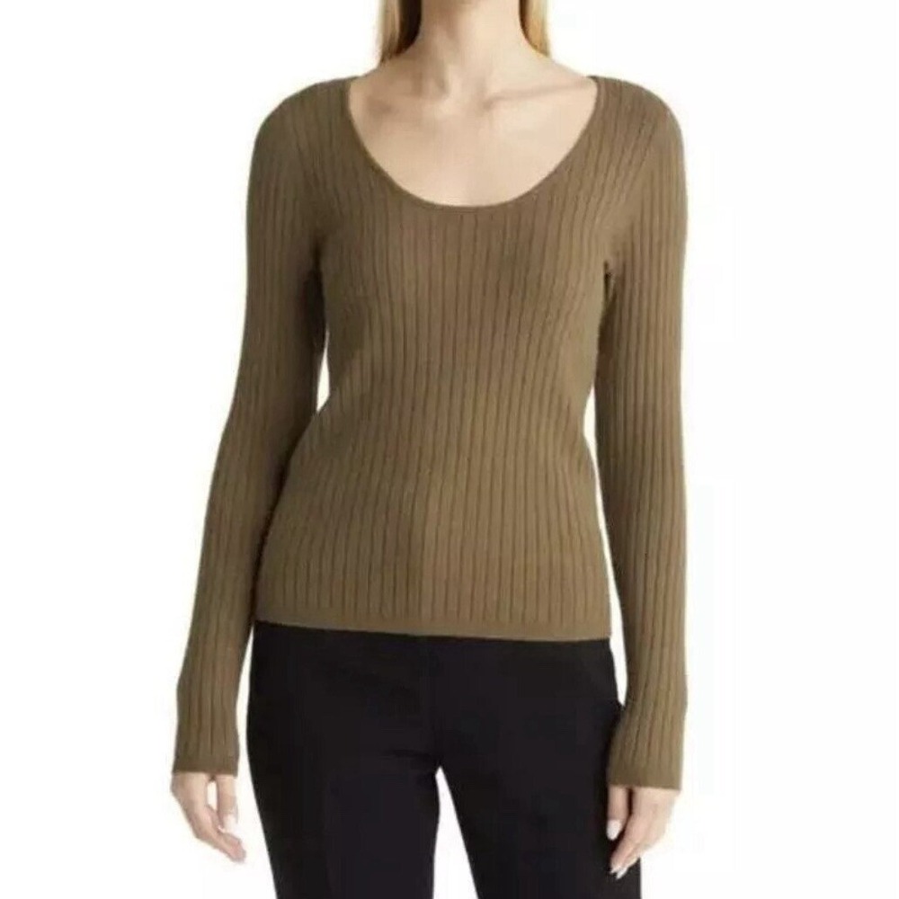 Long Sleeve Top Olive Ribbed Knit Scoop Neck Comfortable Casual Top‎ HALOGEN New